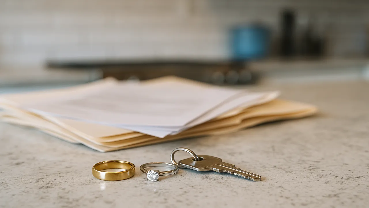 Nevada divorce symbolized by wedding rings, house keys, and paperwork on a kitchen counter