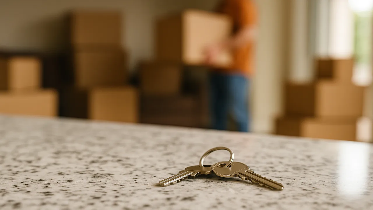 House keys on a counter with blurred moving boxes in the background showing speed of sale