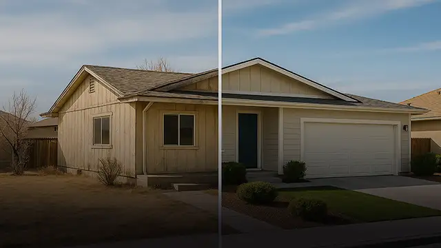 Split-scene of a Reno home exterior showing before-and-after repairs: left side in disrepair with peeling paint and dry lawn, right side freshly renovated with new paint, roof, and landscaping.