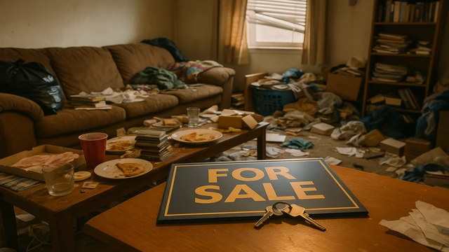 Cluttered Reno rental home living room with hoarder mess, boxes, and a real estate for sale sign with keys on the table.