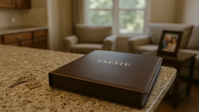 Estate trust binder and house keys on a Nevada kitchen counter