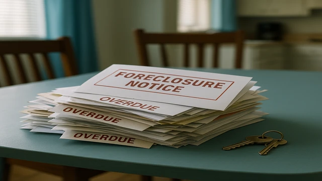 Foreclosure notice and overdue bills on Reno home table