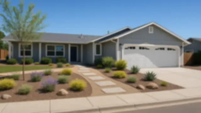 Gray, single-level ranch in Spanish Springs or Sparks, NV with porch columns, low-maintenance gravel yard, and a two-bay garage.